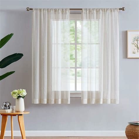 Linen-Blend Sheer Curtains for Living Room 63-inch Long Vintage Flax Window Drapes for Farmhouse ...