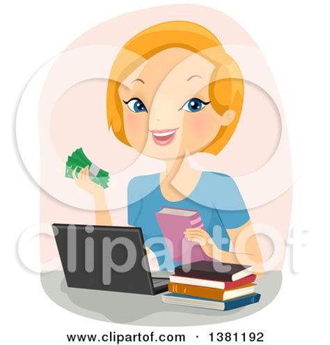 Clipart of a Happy Strawberry Blond Caucasian Woman Selling Books Online - Royalty Free Vector ...