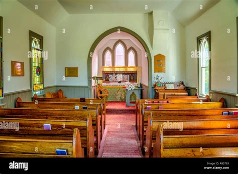 The All Saints Anglican Church interior sanctuary near Clanwilliam, Manitoba, Canada Stock Photo ...