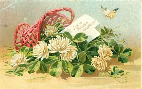 LOVING BIRTHDAY GREETINGS basket of white clover on its side, card in basket, butterfly above ...