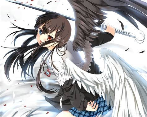 Female anime character holding sword with odd-eye and black and white angel wings HD wallpaper ...