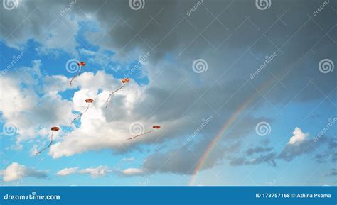 Flying kites in the sky stock photo. Image of clouds - 173757168