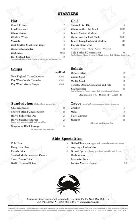 Menu at Billy's Stone Crab Restaurant, Hollywood