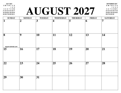 AUGUST 2027 CALENDAR OF THE MONTH: FREE PRINTABLE AUGUST CALENDAR OF THE YEAR - AGENDA