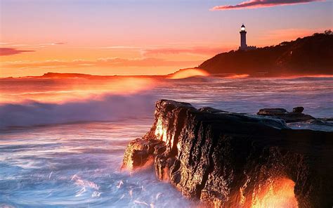 HD wallpaper: Oregon Coast Sea Lighthouse Sunset Landscape Ocean ...