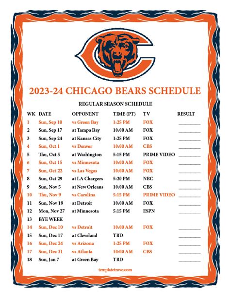 Chicago Bears 2024 Schedule Printable Free - Leah Lisabeth