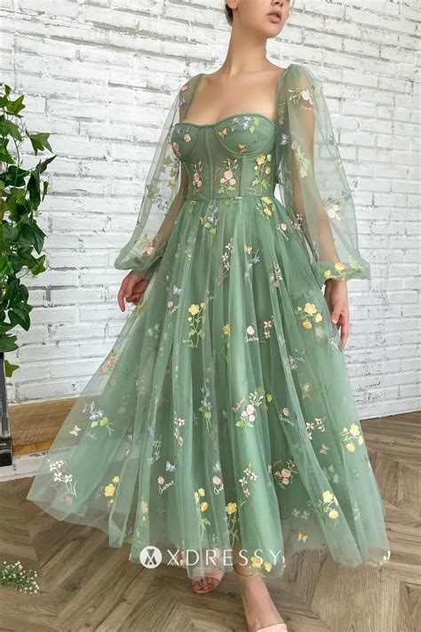 Colorful Floral Lace Sage Green Tulle Midi Party Dress - Xdressy