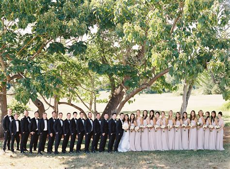 Large Bridal and Groom's parties in neutral dresses and black tuxes ...