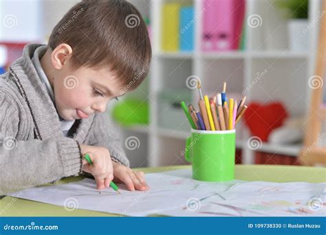 Little Boy Drawing with Pencil Stock Photo - Image of child, male ...