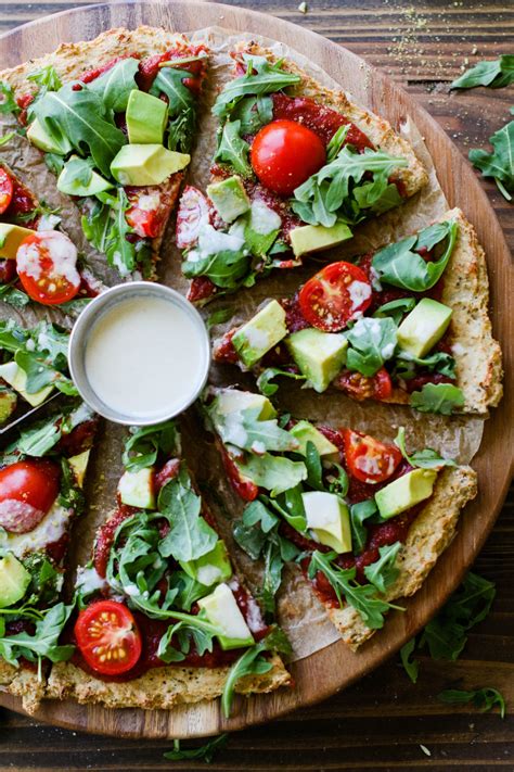 Cauliflower Crust Pizza with Arugula, Avocado, & Tahini (V, GF, OF) - Flora & Vino