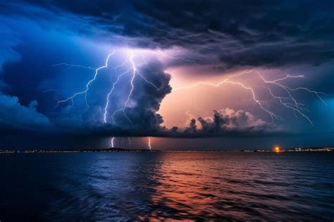 Premium AI Image | A lightning storm over the sea with a dark blue sky and a light blue cloud