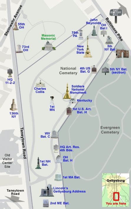 Tour map of the National Cemetery on the Gettysburg battlefield