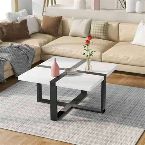 Modern Coffee Table with Crossed-Shape Metal Frame, Square Coffee Table ...