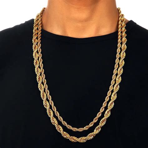 Mens 6mm/9mm Thick 30" Long Solid Rope Chain Gold Color Twisted Long Heavy Dookie Necklace Young ...