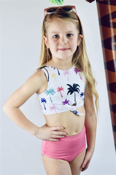 Girls swim / high waist swimsuit/ summer swim/ kids fashion/ Palm tree / Tie front swimsuit ...