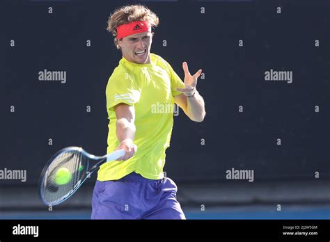 German tennis player Alexander Zverev playing forehand shot at ...