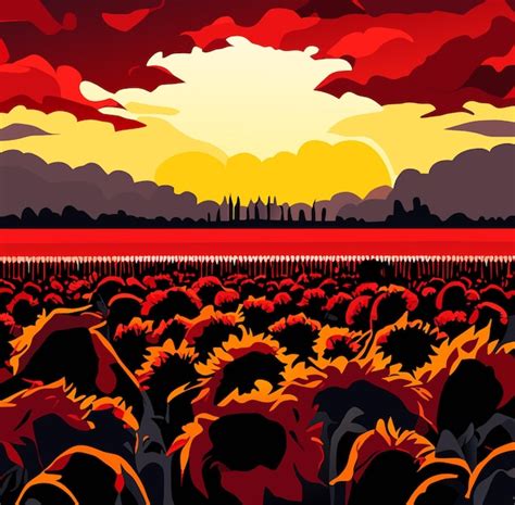Premium Vector | Eerie scene unhealthy sunflower field under red sky storm