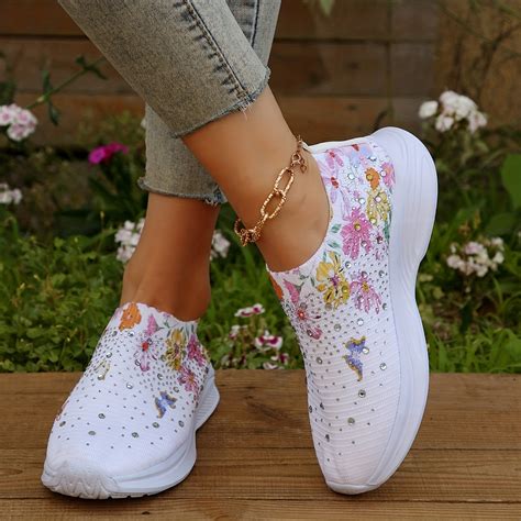 Women's Floral Print Sock Shoes, Fashion Rhinestone Slip On Low Top ...