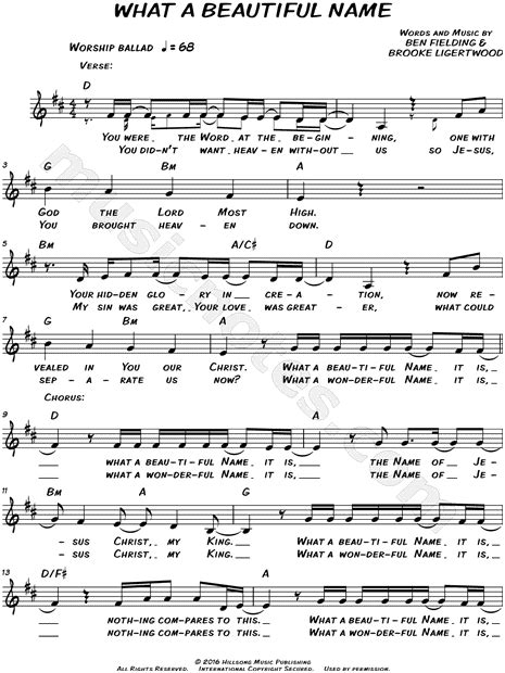 Hillsong Worship "What a Beautiful Name" Sheet Music (Leadsheet) in D Major (transposable ...