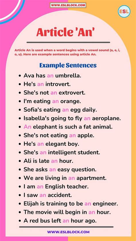 Article An Example Sentences | English vocabulary words learning, Learn ...