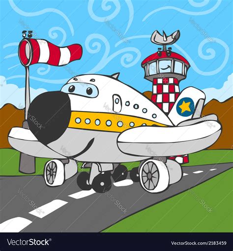 Funny airplane on airstrip and control tower Vector Image