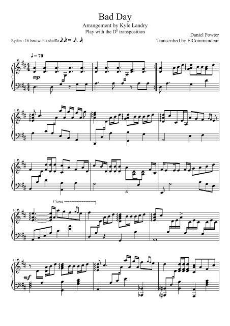 DANIEL POWTER BAD DAY PIANO SHEET MUSIC PDF