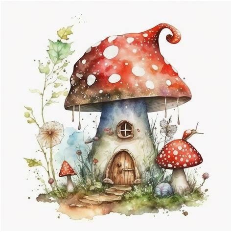 Premium Photo | A watercolor painting of a mushroom house.