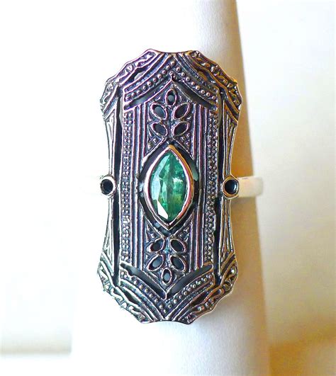 Art Deco Style Sterling Silver Ring With Natural Emerald // | Etsy