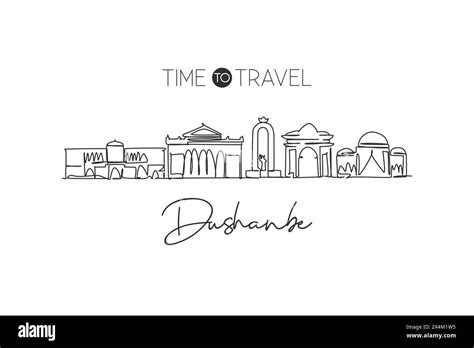 Single continuous line drawing of Dushanbe city skyline, Tajikistan. Famous city landscape home ...