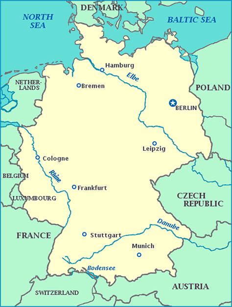 Germany Map-map of Germany showing cities, rivers countries and seas