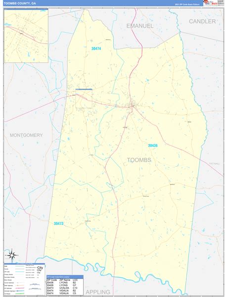 Toombs County, GA Zip Code Wall Map Basic Style by MarketMAPS - MapSales