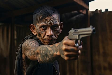 Premium AI Image | tattooed member of the South American mara gangs with a gun in his hands