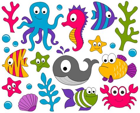 Under The Sea Clip Art - Ocean Digital ClipArt - Fishes, Whale, Crab, Seahorse - Instant ...