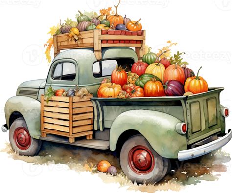 AI Generative Watercolor autumn old pickup truck clipart pumpkins vintage farm fresh market ...