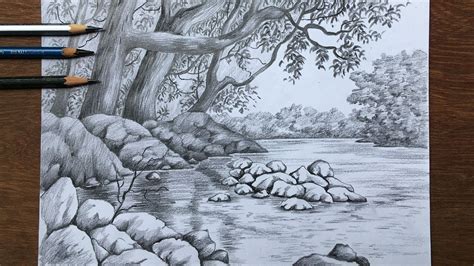 Scenery drawing in pencil | pencil sketch | lake and tree drawing - YouTube