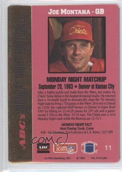 1993 Action Packed Monday Night Football #11 Joe Montana Kansas City Chiefs Card | eBay