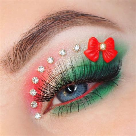 20+ Christmas & Holidays Makeup Ideas : Glam Rhinestone + Red Bow