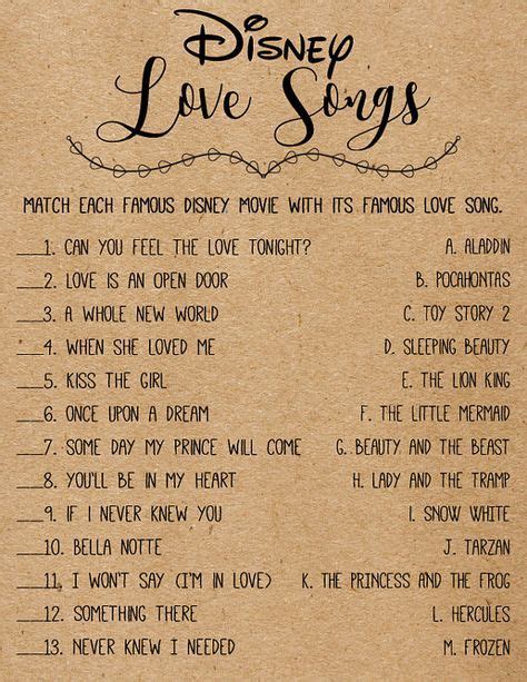 Disney Love Songs Bridal Shower Game . Printable Instant | Disney love songs, Disney bridal ...