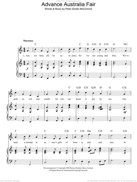 Advance Australia Fair (Australian National Anthem) sheet music for voice, piano or guitar v2