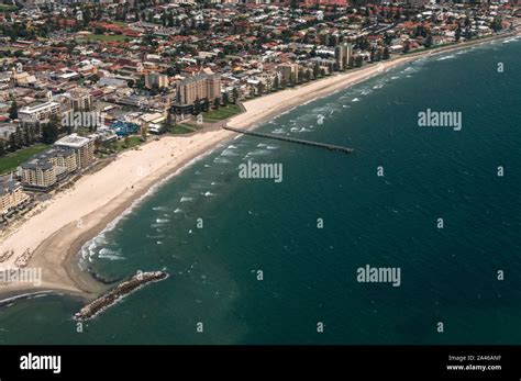 Air view of Glenelg beach and marina in Glenelg, a suburb of Adelaide in South Australia ...