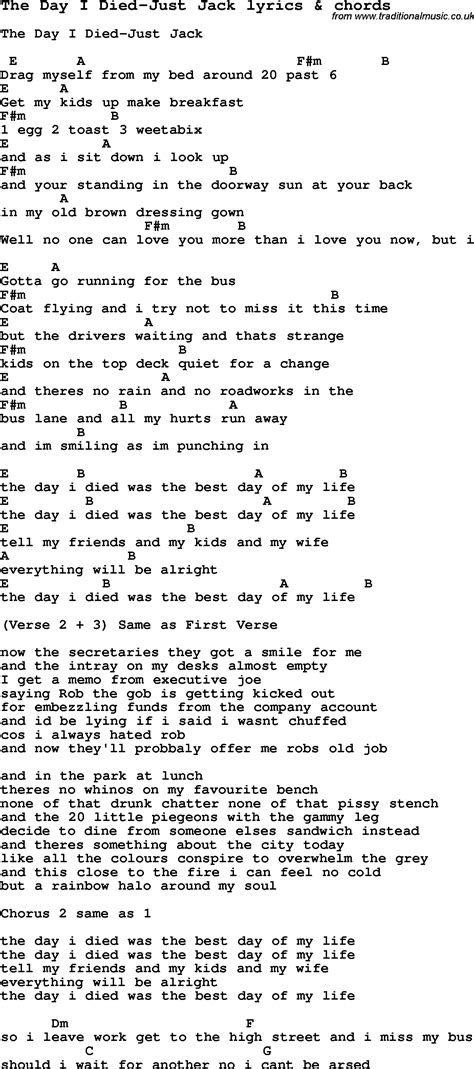 Love Song Lyrics for:The Day I Died-Just Jack with chords.