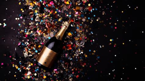 Premium AI Image | Confetti and a champagne bottle on a black background Generative AI