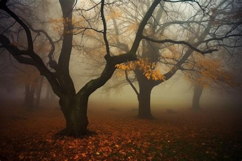 Premium AI Image | A foggy forest with a tree in the foreground and a ...