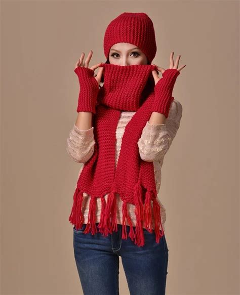 2015 New Fashion Knitted Beanie Hat Scarf Gloves Set Wiomen Winter Scarves 3 Pieces Set Women ...