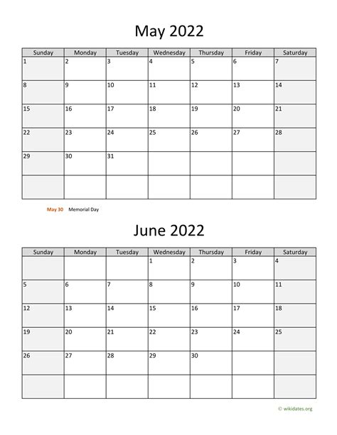 May and June 2022 Calendar | WikiDates.org