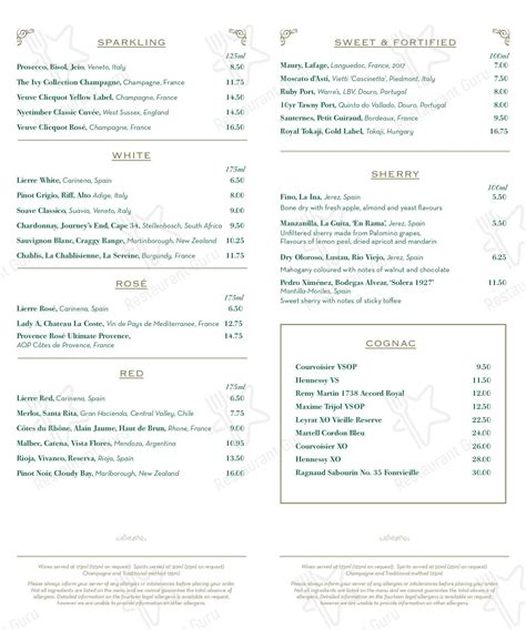 Menu at The Ivy Victoria Quarter Leeds restaurant, Leeds