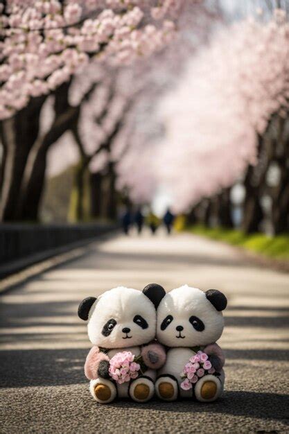 Premium AI Image | Two pandas hugging on a road with pink flowers