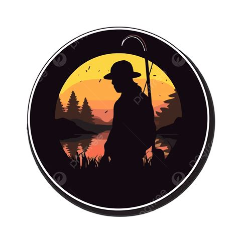 Silhouette Fishing Man Circle Decal With Mountain Mountain Lake Tree Sunset Clipart Vector ...