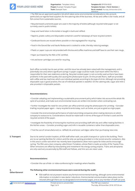 Environmental Audit Report Template: Sample Format and Example