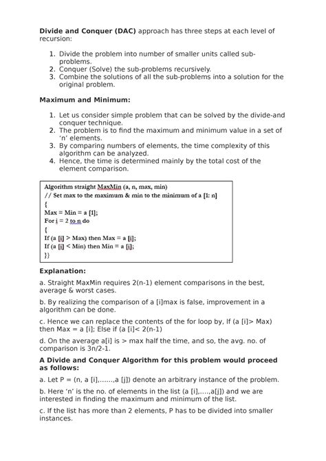 Min Max algorithm Divide and Conquer - Divide and Conquer (DAC) approach has three steps at each ...